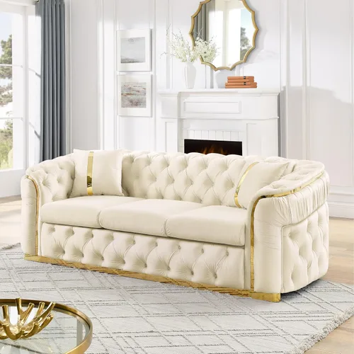 Miniatura 22 de KEIKI Sofá Chesterfield de terciopelo de lujo de gran tamaño de 81 pulgadas con decoración de acero inoxidable dorado, sofá de 3 plazas