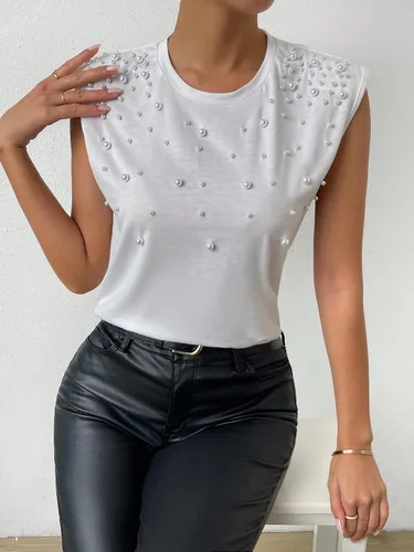Miniatura 5 de SOLY HUX Camiseta sin mangas con cuentas de perlas para mujer, cuello redondo, camisetas de verano