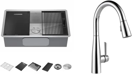 Miniatura 18 de DELTA, Rivet - Lavaplatos de cocina de 33 pulgadas con estación de trabajo, montaje superior, acero inoxidable de calibre 16, cuenco individual +