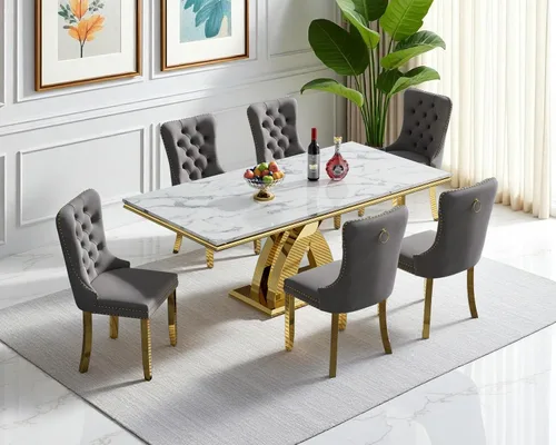 Miniatura 42 de Moderno juego de mesa de comedor de mármol sintético de 68.11 pulgadas para 6, mesa de comedor de mármol blanco y plateado con 6 sillas de Blanco
