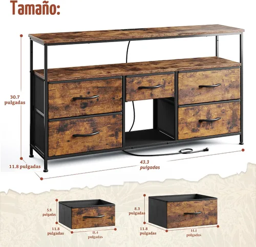 Miniatura 3 de EnHomee Soporte de TV para televisor de 50 pulgadas, centro de entretenimiento con luces LED y tomas de corriente, cómoda de 5 cajones