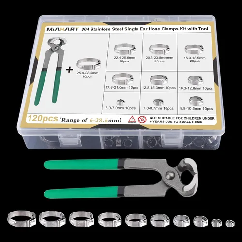 Miniatura 3 de MIAHART 120 abrazaderas de manguera de oreja de acero inoxidable con pinza de oreja de 10 tamaños 304 abrazaderas de crimpado continuas