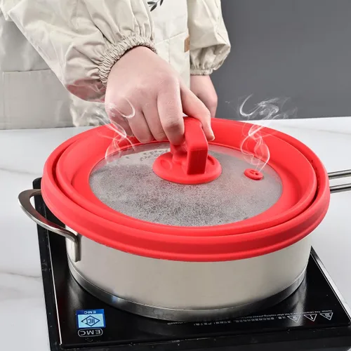 Miniatura 7 de Tapa protectora de salpicaduras de vidrio ventilado para microondas, tapa protectora de salpicaduras con silicona plegable para alimentos como Rojo