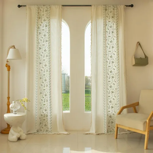 Miniatura 9 de BHUSB Cortinas rústicas para sala de estar de 63 pulgadas de largo, cortinas de ventana de lino y algodón con estampado floral bohemio, cortinas