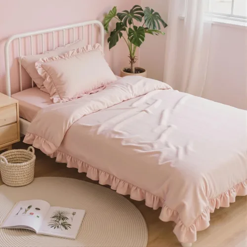 Anluoer - Juego de cama individual con edredón de 5 piezas, rosa en una bolsa con sábanas, juego de ropa de cama de todos los días con volantes