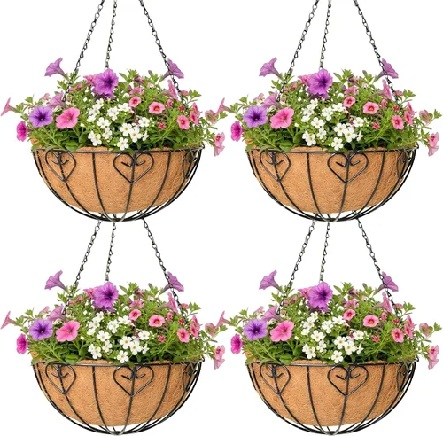 Miniatura 9 de Paquete de 4 macetas colgantes para plantas al aire libre de 12 pulgadas, cesta de flores colgante de metal con forro de fibra de coco, soporte