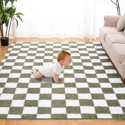 Miniatura 17 de Alfombra de área súper suave en blanco y negro, de 5 x 7 pies, alfombra clásica a cuadros de pelo alto mullida para dormitorio, sala de estar, Negro