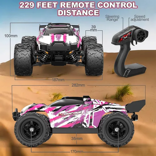 Miniatura 7 de Auto de control remoto rosa para niñas, autos a control remoto rápidos 1:18 para niñas con camión todoterreno de 40 KM/H 4WD, incluye 2