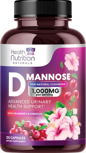 Suplemento de D-manosa – 1,000 mg de manosa de D por porción con arándano, hibisco y diente de león – Soporte urinario natural y de acción rápida