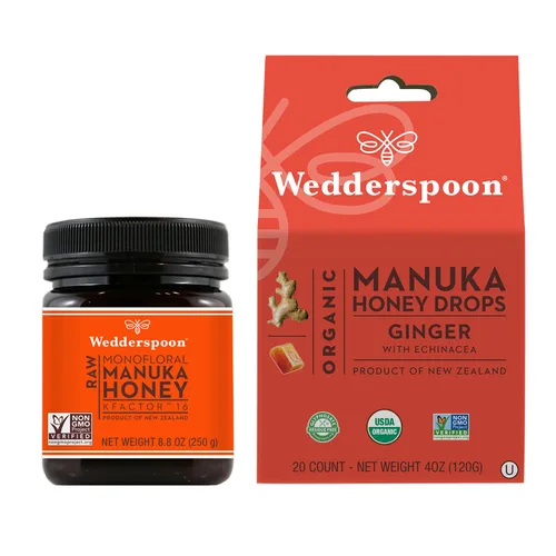 Wedderspoon Raw Premium Manuka Honey KFactor 16 (8.8 onzas, paquete de 1) y gotas de miel de manuka jengibre y equinácea (20 unidades, paquete de 1)