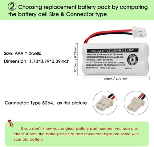 Miniatura 4 de iMah BT162342/BT262342 2.4V 300mAh Ni-MH - Batería inalámbrica para teléfono, también compatible con BT183342/BT283342 AT&T EL52351 TL90070 VTech