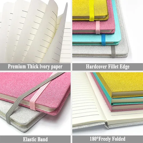 Miniatura 7 de Paquete de 4 cuadernos con purpurina, 8.3 x 5.7 pulgadas, 160 páginas rayadas con purpurina que nunca se despegan, diario brillante para niñas