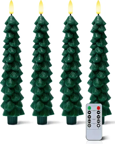 Stmarry 4 piezas de velas de árbol de Navidad sin llama con temporizador remoto, velas cónicas sin llama de cera real de 9.65 pulgadas, candelabros