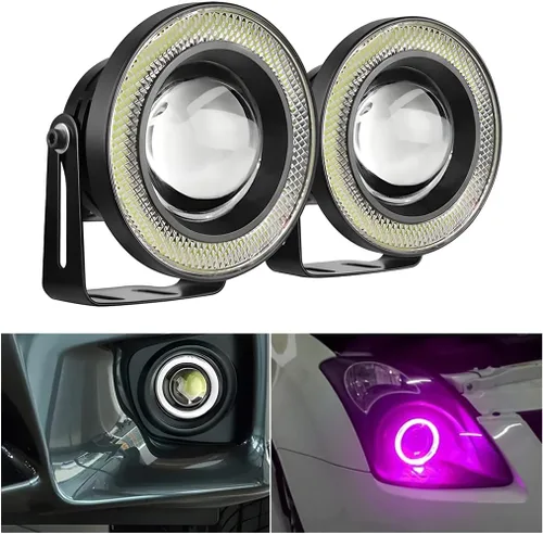 Miniatura 10 de 2 Luces Antiniebla de Ojo de Ángel para Automóvil, Lámpara LED COB Redonda de Alta Potencia Brillante con Aros de Ojo de Ángel de Halo Blanco Faro