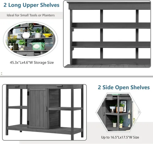 Miniatura 6 de Mesa Grande para Macetas de Exterior de 66" con 2 Cajones, Gabinete, Estantes Abiertos, Banco de Madera para Macetas para Jardín, Patio, Casa