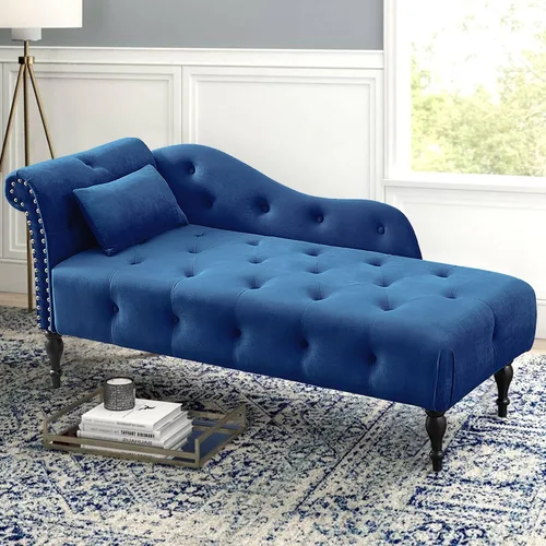 Holaki Tumbona de terciopelo, tumbona decorativa para interiores con almohada, sillón con botón copetudo con brazo derecho con ribete de cabeza de