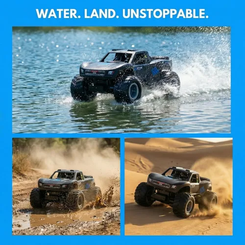 Miniatura 2 de KB KAIBO - Camiones monstruo impermeables para niños, 2.4G, coche RC anfibio, 1:16, barco RC todo terreno para niños y adultos, 4WD, 2 baterías Q156