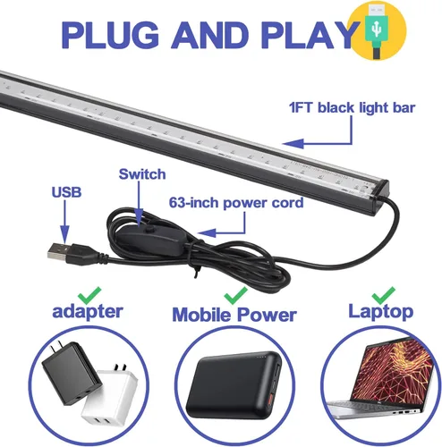 Miniatura 5 de Barra de Luz Negra 10W Tira de Luz Negra UV para Fiesta Brillante: 1 pie USB Portátil LED Suministros de Fiesta para Pintura Corporal, Escenario