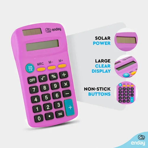Miniatura 2 de Calculadora púrpura, energía solar pequeña básica y funciona con pilas, pantalla grande de cuatro funciones, calculadora de mano con alimentación