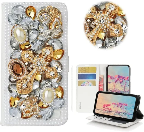 Miniatura 7 de Bling - Funda tipo cartera para teléfono compatible con Samsung Galaxy Z Fold 3 5G, elegante, hecha a mano, atrapasueños con colgante de perlas
