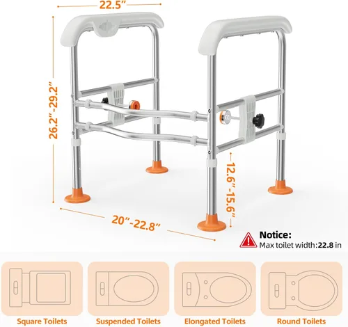 Miniatura 5 de Barras de seguridad para inodoro resistentes para personas mayores (297 kg), armazón de seguridad para inodoro ajustable con asas para ancianos