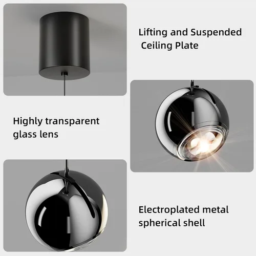 Miniatura 5 de ziidoo Lámpara colgante moderna negra con forma de globo, rotación de 90 grados arbitrariamente ajustable, electrochapada, lámpara colgante
