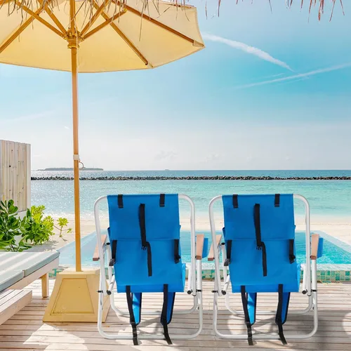 Miniatura 9 de Outvita Silla de playa plegable con reposacabezas ajustable de 4 ángulos flexibles, con soporte para tazas, portátil, de alta resistencia, tela Azul