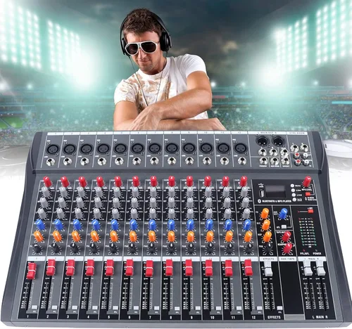 Mezclador profesional de estudio en vivo de 12 canales, consola mezcladora de sonido de audio de estudio con Bluetooth USB para profesionales y