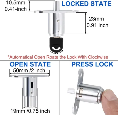 Miniatura 4 de uxcell Cerradura de cajón con émbolo a presión, 2 unidades, 0.748 x 0.906 in para puerta corredera, armario, muebles, armario, armario con llaves