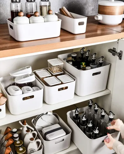Miniatura 5 de Juego de 3 contenedores de almacenamiento de plástico, organización y almacenamiento versátil de despensa de cocina, para contenedores de Blanco