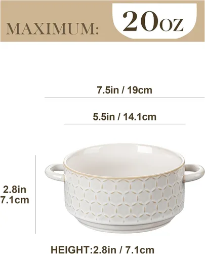 Miniatura 2 de MALACASA Juego de 4 cuencos de cerámica de 20 oz con asas – Cuencos de sopa de cebolla francesa aptos para horno y microondas, patrones únicos