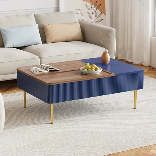 Miniatura 6 de HLR Mesa auxiliar de doble elevación de 47 pulgadas con almacenamiento, moderna mesa de centro de madera acanalada con compartimento oculto, mesa
