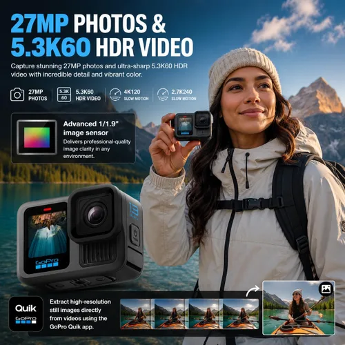 Miniatura 3 de GoPro HERO13 - Cámara de acción impermeable negra con video de 5.3K60, fotos de 27 MP, batería Enduro de 1900 mAh, tarjeta microSD SanDisk de 64 GB