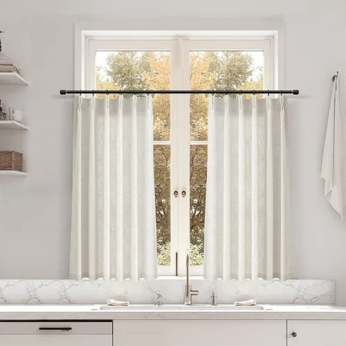 Miniatura 10 de Juego de 2 paneles de cortinas de ventana de cocina beige de 24 pulgadas de largo, con textura de lino, plisadas, filtrantes de luz, semi pequeñas