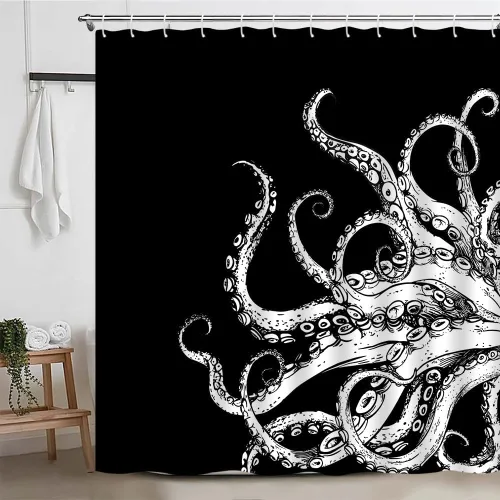 Miniatura 3 de Cortina de ducha de tentáculo de pulpo, diseño de kraken de océano blanco y negro, divertido animal náutico, vida marina, fresco, moderno, único