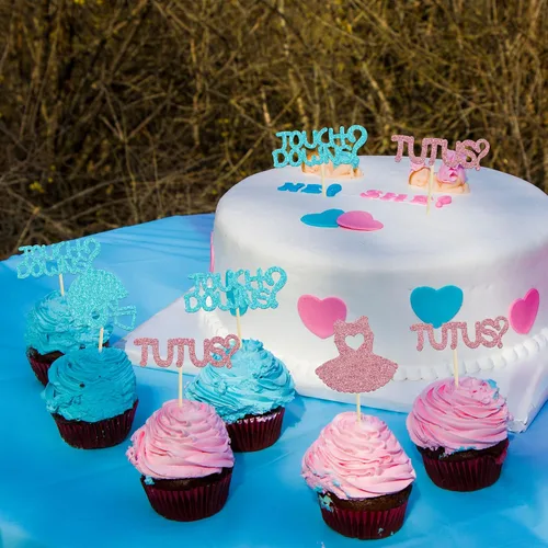 Miniatura 4 de Gyufise 24 piezas de decoración de cupcakes para niños o niñas, tutús para retoque de género, decoración de rugby para fiesta de revelación