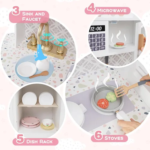 Miniatura 4 de HONEY JOY Juego de cocina para niños, juego de cocina de juguete de madera con luces, cafetera, microondas, fregadero, máquina de hielo, lavadora