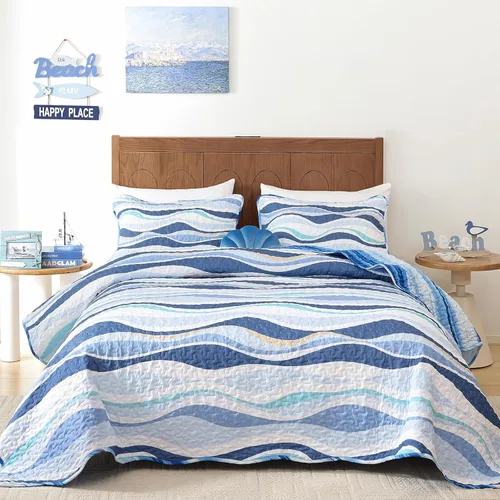 Miniatura 21 de DJY Beach Quilt Set Queen Size,3 Piece Coastal Ocean Summer Bedspread Coverlet Set with 2 Pillow Cases Lightweight Soft Microfiber Nautical Bedding