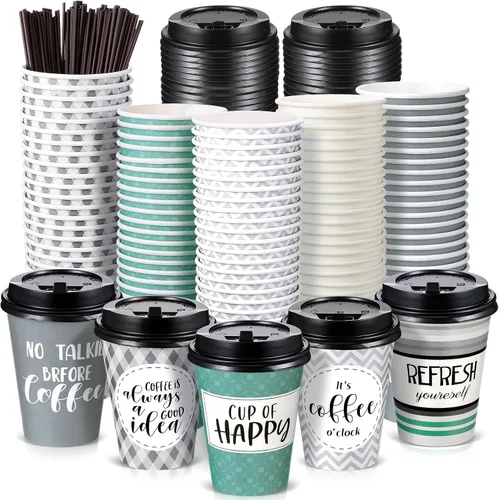 Miniatura 10 de Gerrii Paquete de 100 Tazas de Café Desechables con Tapas y Pajitas, Tazas de Papel Motivacionales con 6 Frases y Diseños, Tazas Calientes