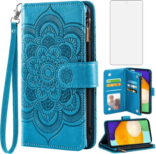 Asuwish Compatible con Samsung Galaxy A52/A52S 5G - Funda tipo cartera y protector de pantalla de vidrio templado, funda de cuero con tapa para