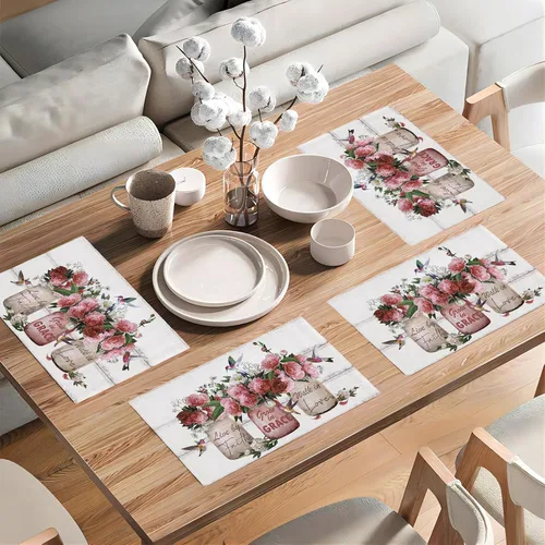 Miniatura 7 de Juego de 4 manteles individuales con diseño de flores y rosas, manteles individuales lavables para decoración del hogar, fiesta, interior, cocina