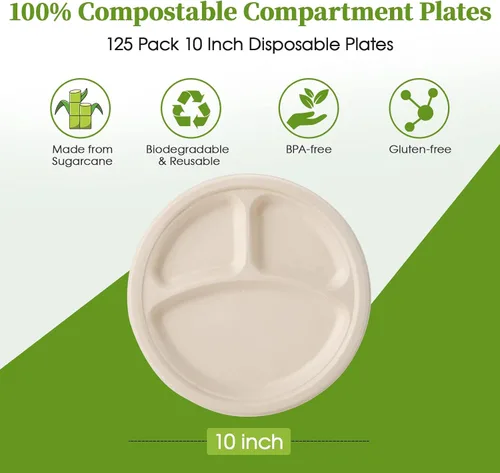 Miniatura 2 de ECOLipak paquete de 125 platos desechables de 3 compartimentos, platos de papel compostables de 10 pulgadas de alta resistencia, hechos de fibras