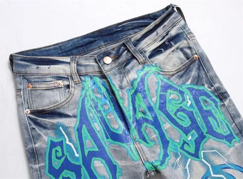 Miniatura 3 de Jeans de graffiti hip hop para hombre, rasgados, ajustados, desgastados, desgastados, ajustados, elásticos, con estampado casual
