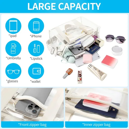 Miniatura 3 de Bolsa transparente UEOE para eventos en estadios, gran bolso de mano transparente con bolsa con cremallera exterior e interior para eventos
