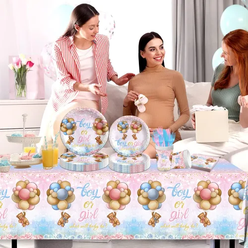 Miniatura 6 de Decoración de revelación de género: juego de vajilla para revelación de género de oso para 20 invitados, incluye pancarta, platos, servilletas