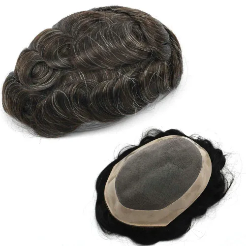 Miniatura 13 de Peluca de cabello humano monofilamento fino para hombre tipo tupé de polietileno alrededor del sistema de cabello, peluca duradera de monofilamento