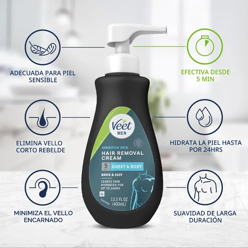 Miniatura 4 de Crema de depilación Veet para hombres, 5 minutos para piel sensible, gel de depilación para el cuerpo, pecho y espalda, dermatológicamente testado