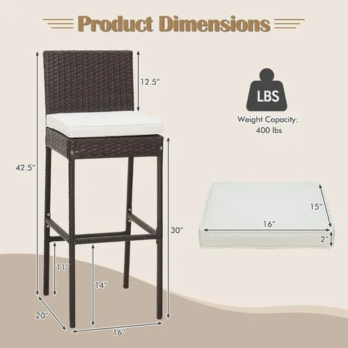 Miniatura 3 de Tangkula Juego de 2 taburetes de mimbre para patio, silla de bar para exteriores con cojín de asiento suave y reposapiés acogedor, marco de metal