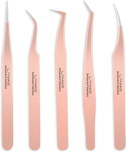 LANKIZ Juego de 5 pinzas para extensiones de pestañas, de acero inoxidable, pinzas para extensiones de pestañas con volumen, pinzas de oro rosa para