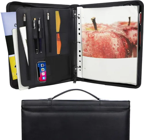 Miniatura 8 de portafolio con cremallera de 3 anillos, organizador de carpeta con bloc de notas tamaño carta legal - Portafolio de PU de cuero con organizador